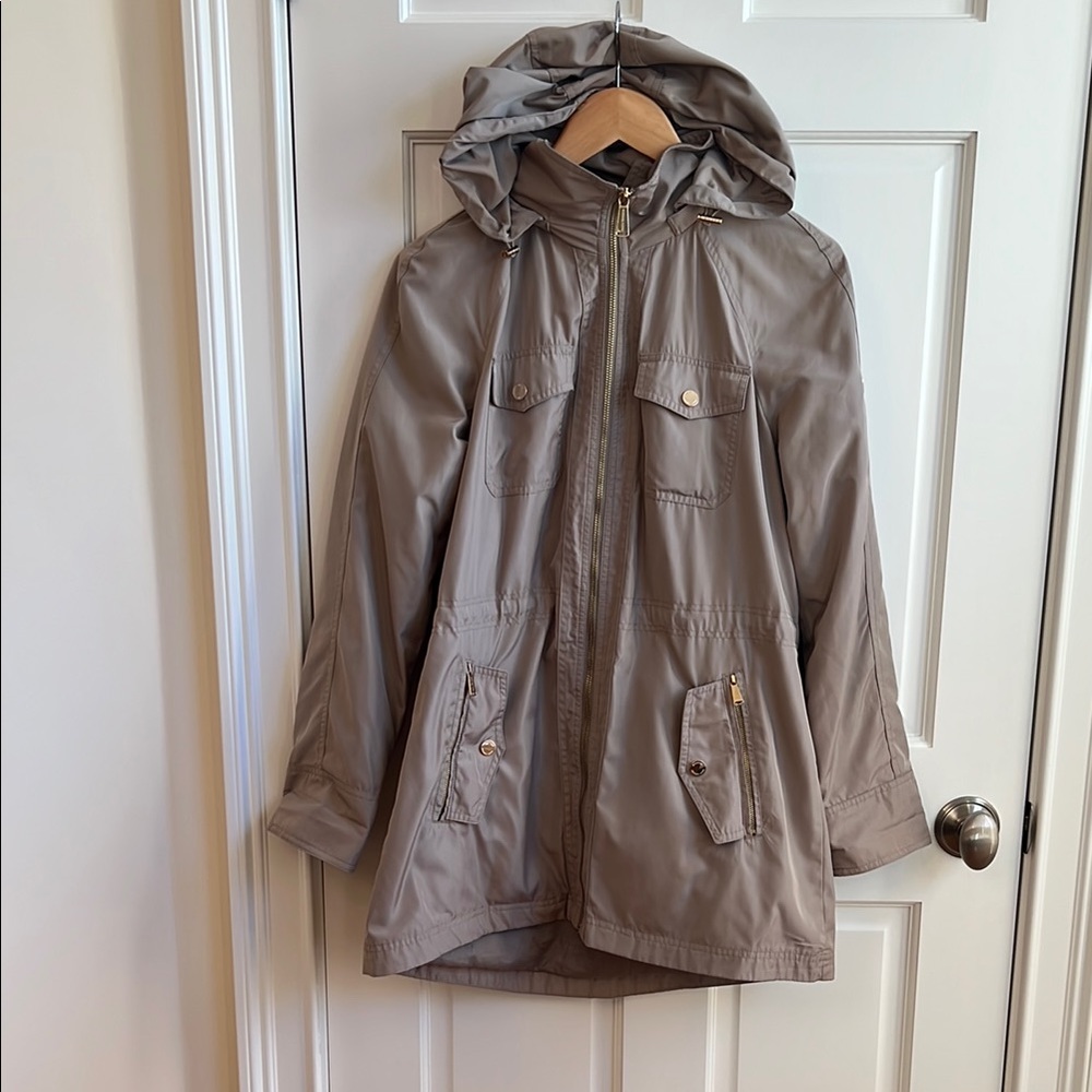 Michael Kors Tan Trench Coat with Adjustable Waist and hood